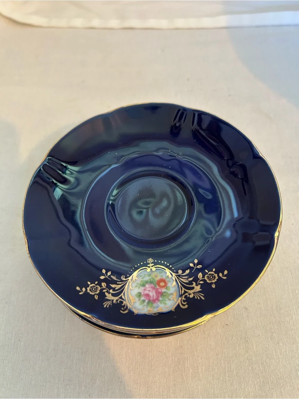 KT Spray Cobalt Blue Floral Porcelain Saucer with Gold Trim 1960s